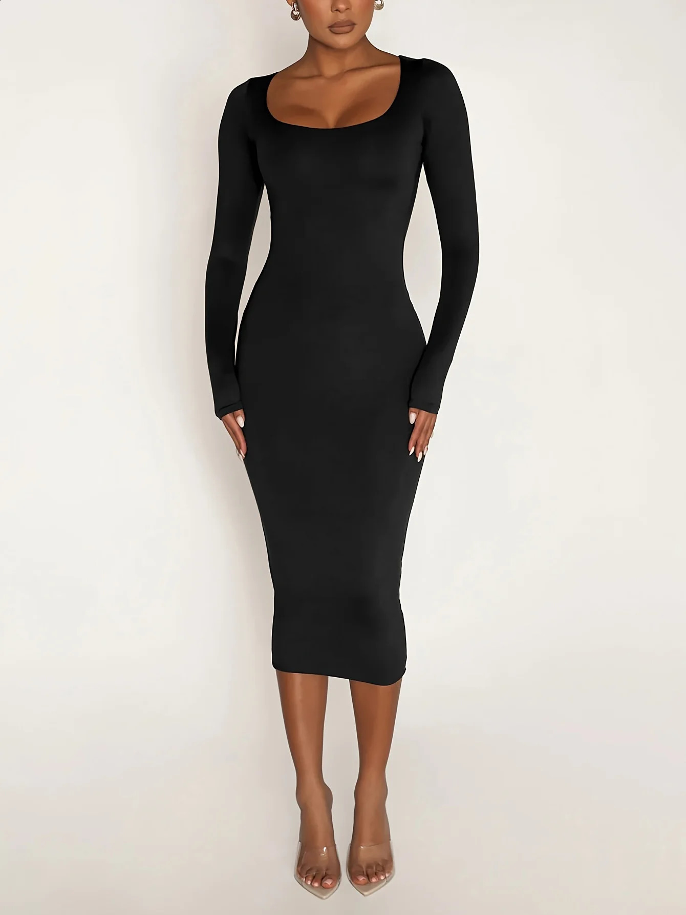 Womens Long Sleeve U-Neck Party Bodycon Midi Jumper Dress Stretch Winter Dresses 240819