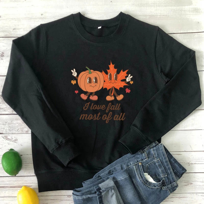 Colored I Love Fall Most of All Sweatshirt Vintage Women Long Sleeve Jumper Autumn Pumpkin Leaf Pullovers 240820