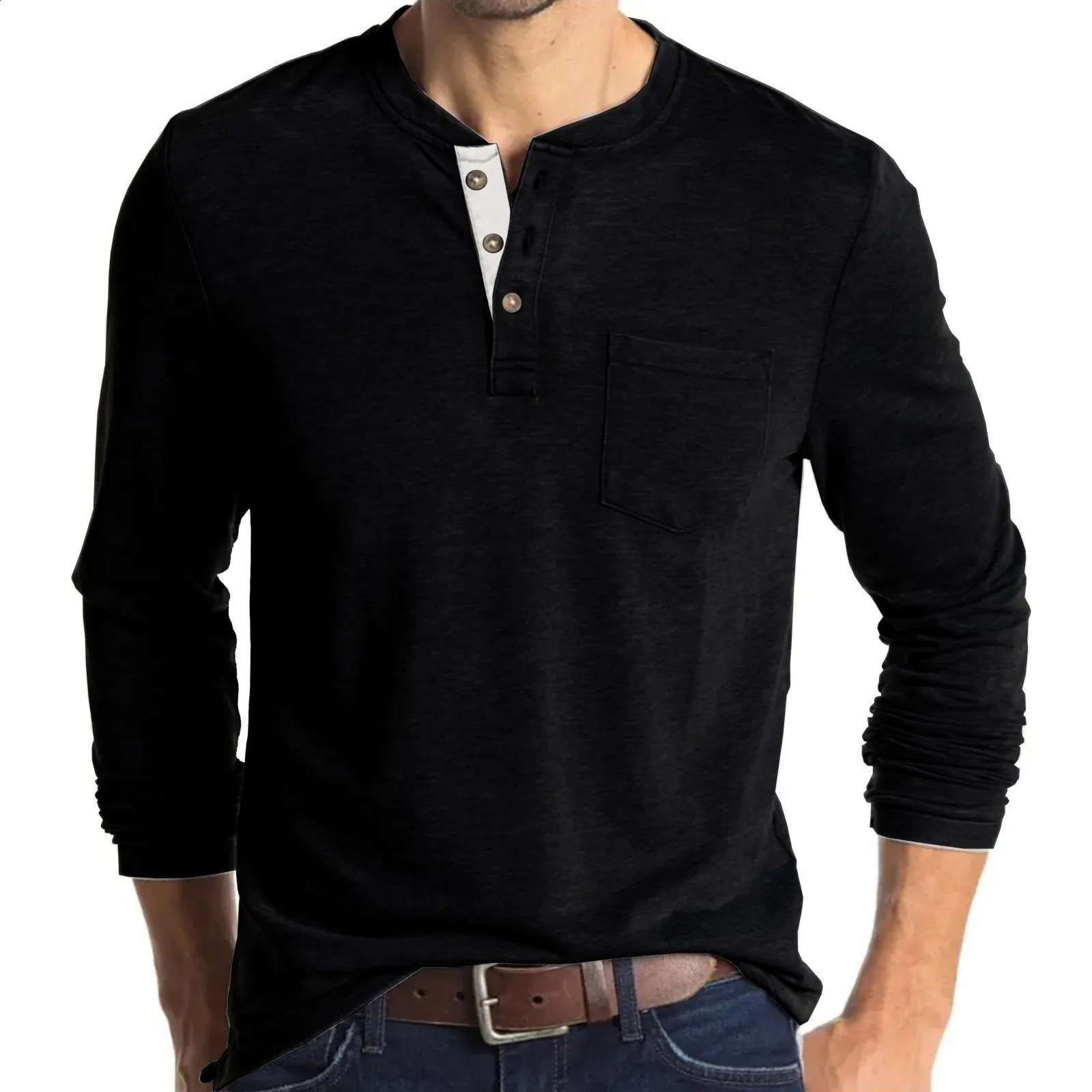 Mens Round Collar Long Sleeved T-shirts Solid Casual Top Single Breasted Pocket TShirt Soft Comfy Bottoming Shirt for Spring 240820