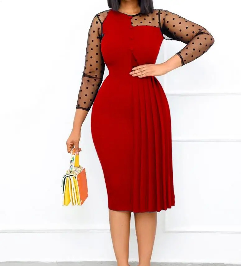 Dresses Women Autumn Fashion Mesh Spliced Long Sleeve Slim Fit Wrap Hip Split Temperament Elegant Dress Female Clothing 240819