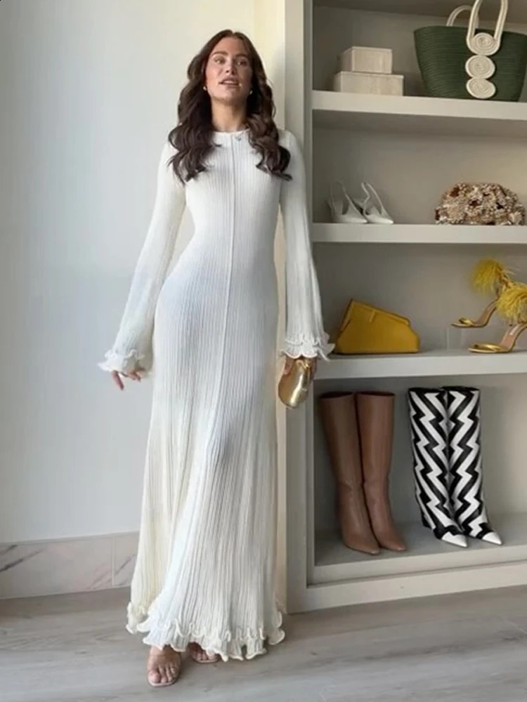 Elegant White Knitted Fishtail Dress Women Chic Flare Long Sleeve Lace Up Round Neck Vestidos Female High Street Robes 240819