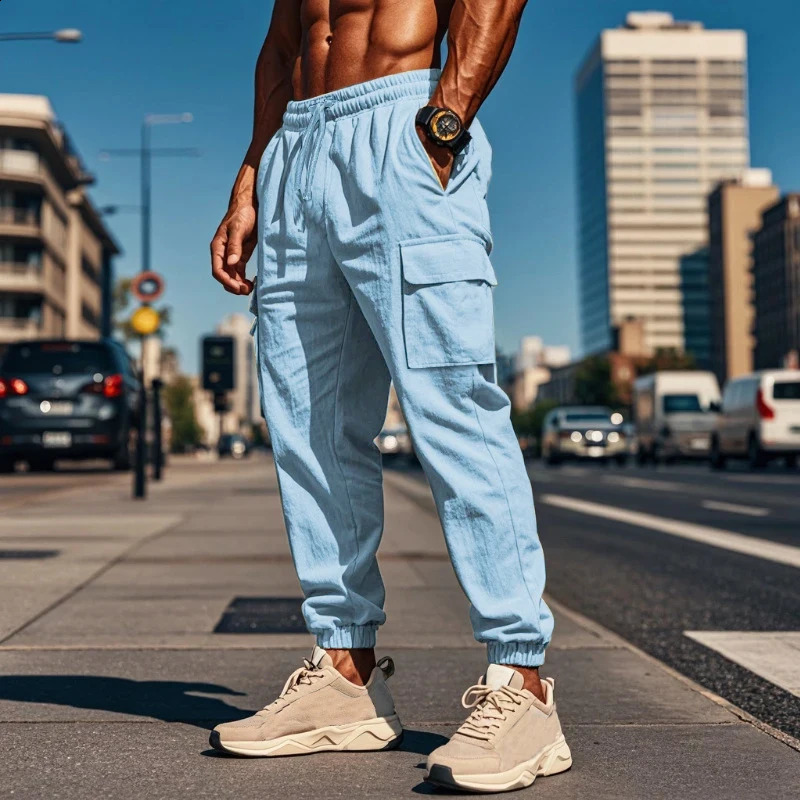 Autumn Daily Casual Breathable Cotton Pants For Men Streetwear Fashion Multi Pockets Cargo Pants Vintage Mens Solid Color Pants 240819
