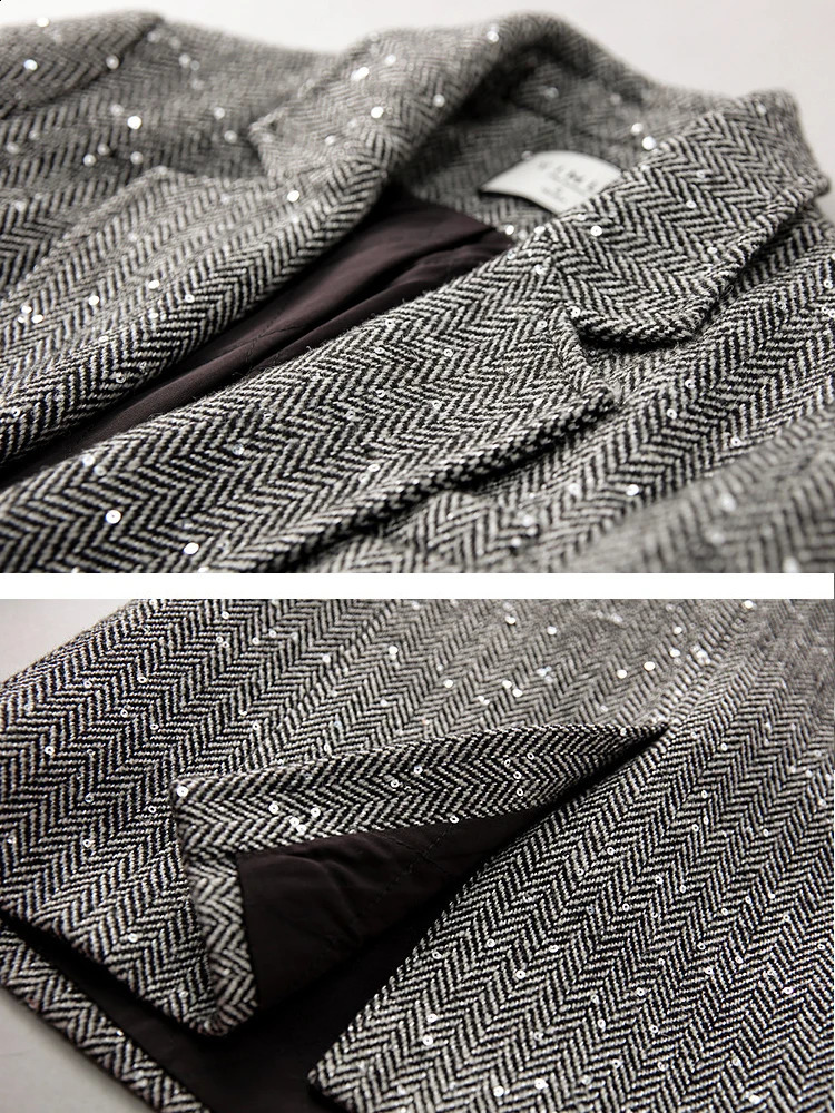 VIMLY sequined wool blend jacket womens spring warm retro elegant casual business customized 240819