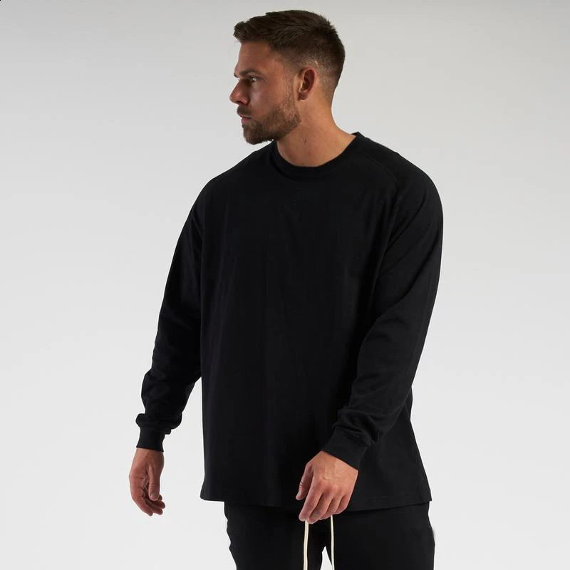 Oversized Loose Long Sleeve T Shirt Mens Fashion Streetwear Hip Hop Fitness T-shirt Spring Plian Gym Clothing Workout Tshirt 240820