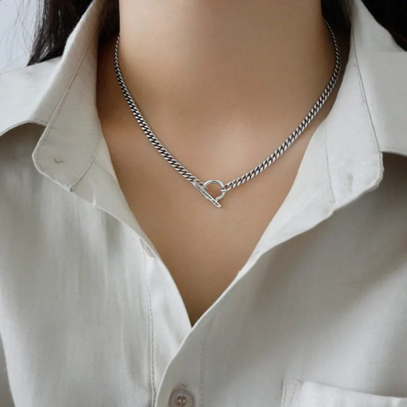 F INS Retro S925 Pure Silver Necklace Round and Rod Pendant Antique Chain OT Bar Exquisite Jewelry 240812