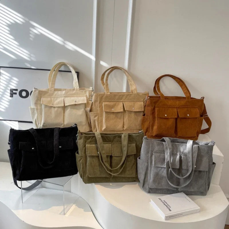 Japan Style Corduroy Solid Color Satchel Multi-Purpose Textured Literary Style Women Student Flap Outer Pocket Underarm Bag 240819