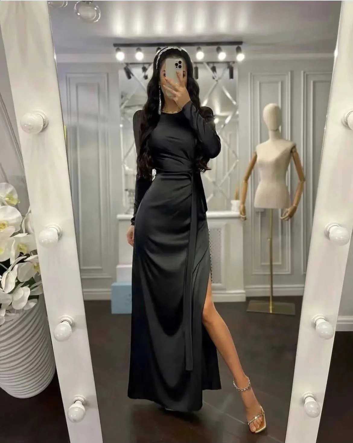 High Quality Sexy O Neck High Slit Irregular Silk Party Dress Women Retro Belt Satin Elegant Long Sleeve Solid Maxi Dress Mujer 240819