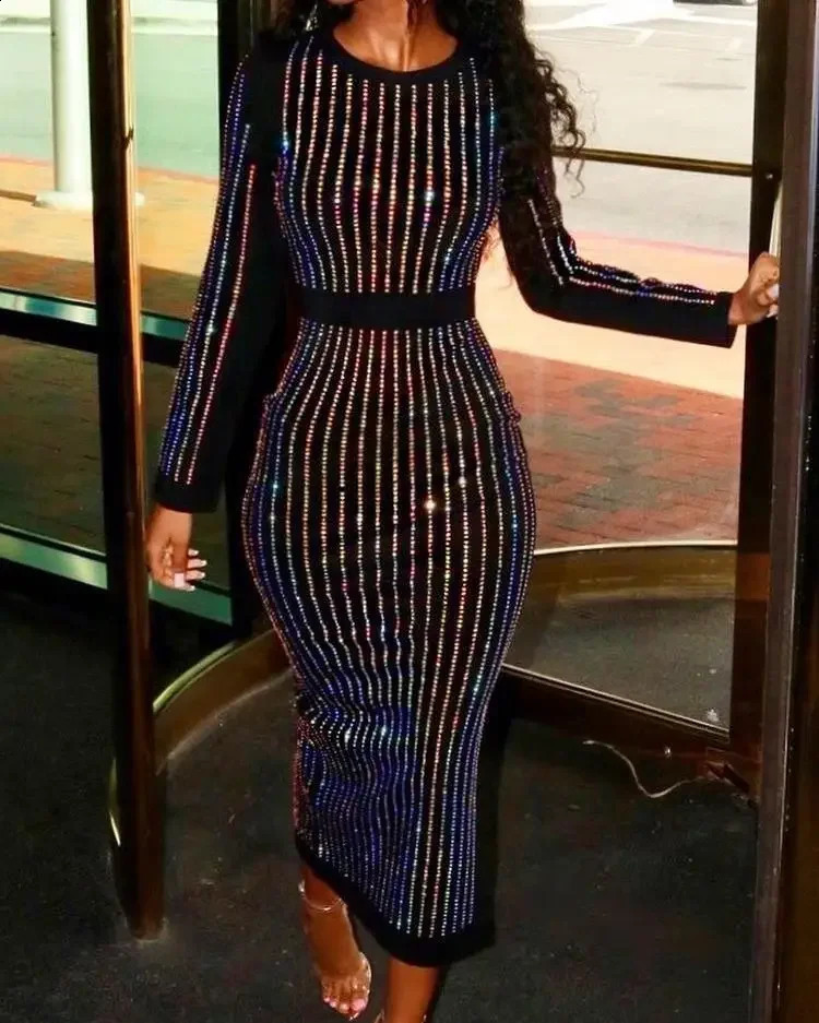 Sequin Round Neck Women Dress Striped Solid Splice Party Tight High Waist Casual Sexy Hip Wrap Long Sheath Dresses 240819
