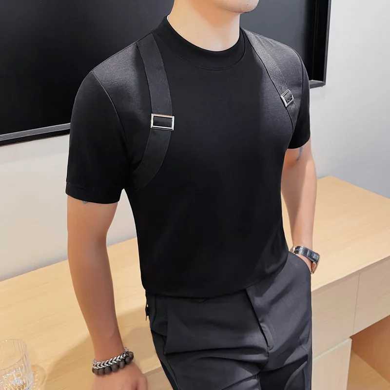 Black/White T-Shirts For Men Personalized Shoulder Strapss Short Sleeve Mens T Shirt Slim Fit Summer Casual Tops Tees Homme 4XLXJ240819