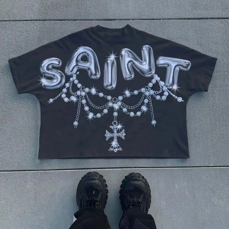 Y2k Top Gothic Trendy Big Mouth Pattern Printed Oversized Tshirt for Mens Summer Loose Harajuku Round Neck Versatile 240819
