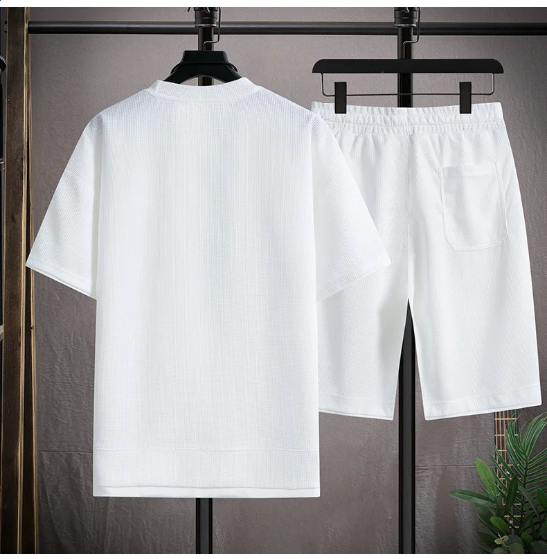 Summer Mens Two Piece Set Waffle Knit Fabric Short Sleeve Tshirt And Shorts Breathable Outfit Perfect For Beach Homewear 24