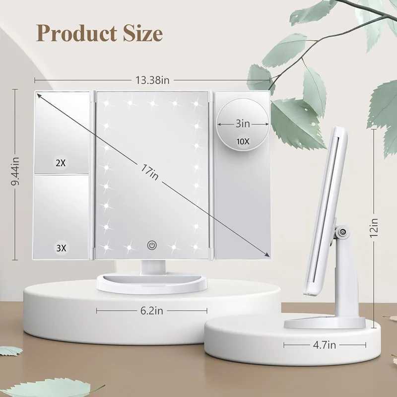 Amplifying triple stack makeup mirror three color intelligent touch light standing desk Led makeup mirror Y240819