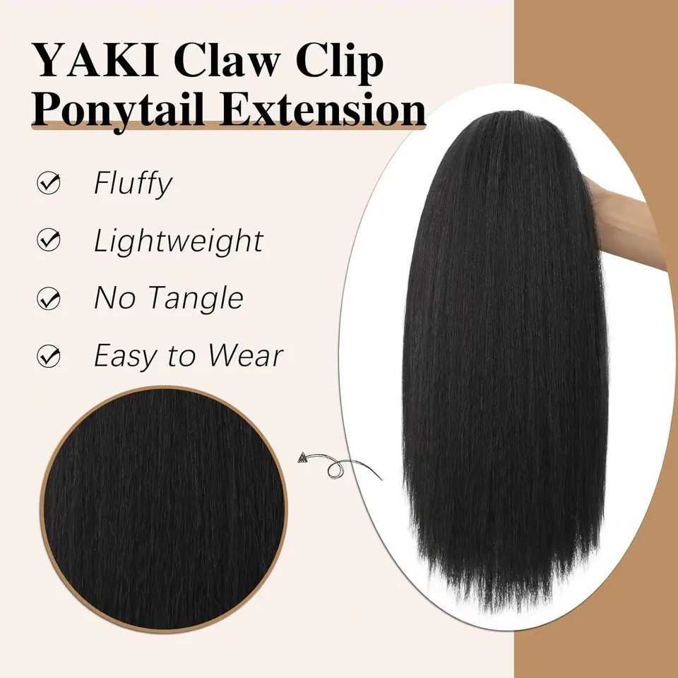 Synthetic Wig Natural Fluffy Black Yaki Grasps Womens Ponytails W240817