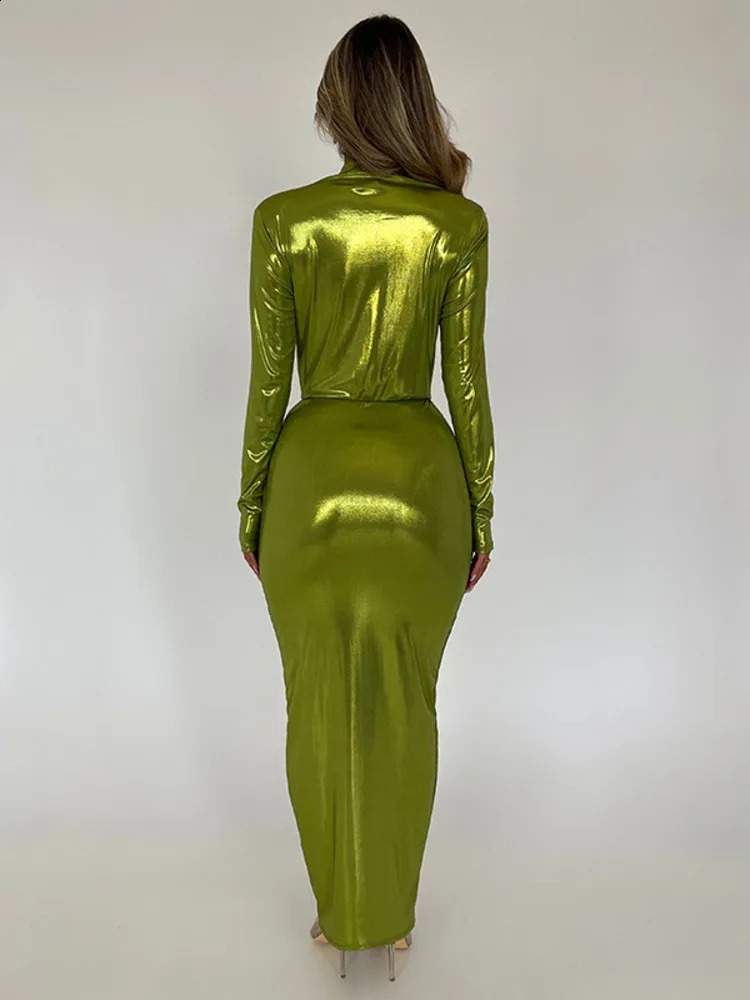 Mozision Deep V Neck Long Sleeve Bodycon Maxi Dress For Women Autumn Winter Ruched Shiny Sexy PU Leather Dress Vestidos 240819