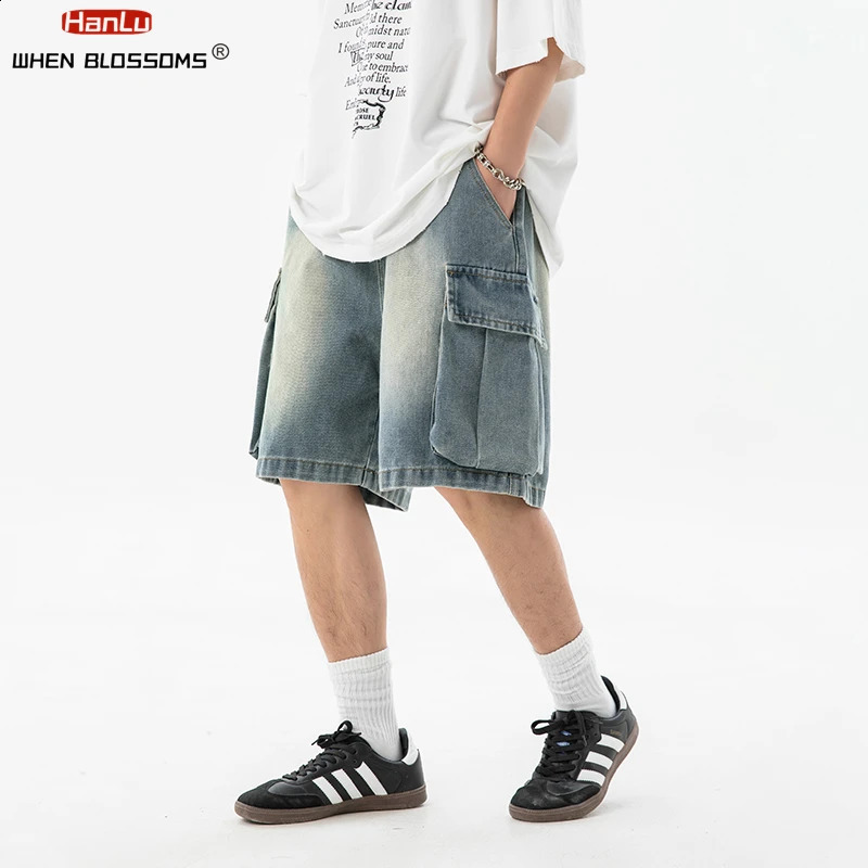 South Korean fashion mens wide leg denim shorts summer style loose casual elastic waist large pocket cargo jeans 240819