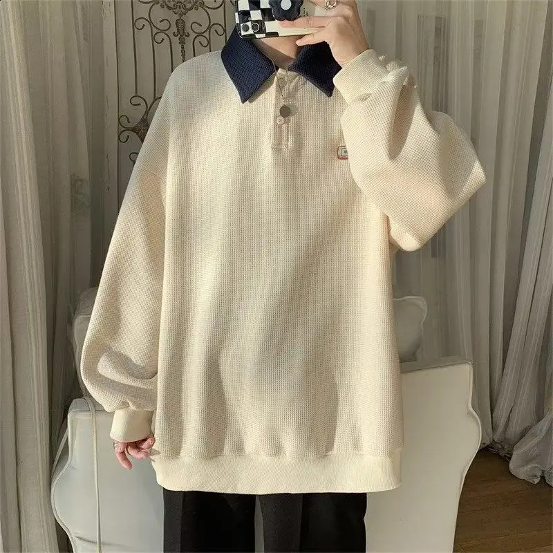2024 Solid Polo Long Sleeve Vintage Men T Shirts Fashion Casual Oversized Korean Harajuku Tops Spring Fall Thin Clothes 240819