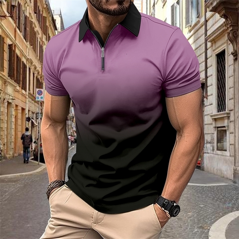 Mens casual breathable short-sleeved Polo shirt lapel zipper shirt Fashion business office summer T-shirt top 240819