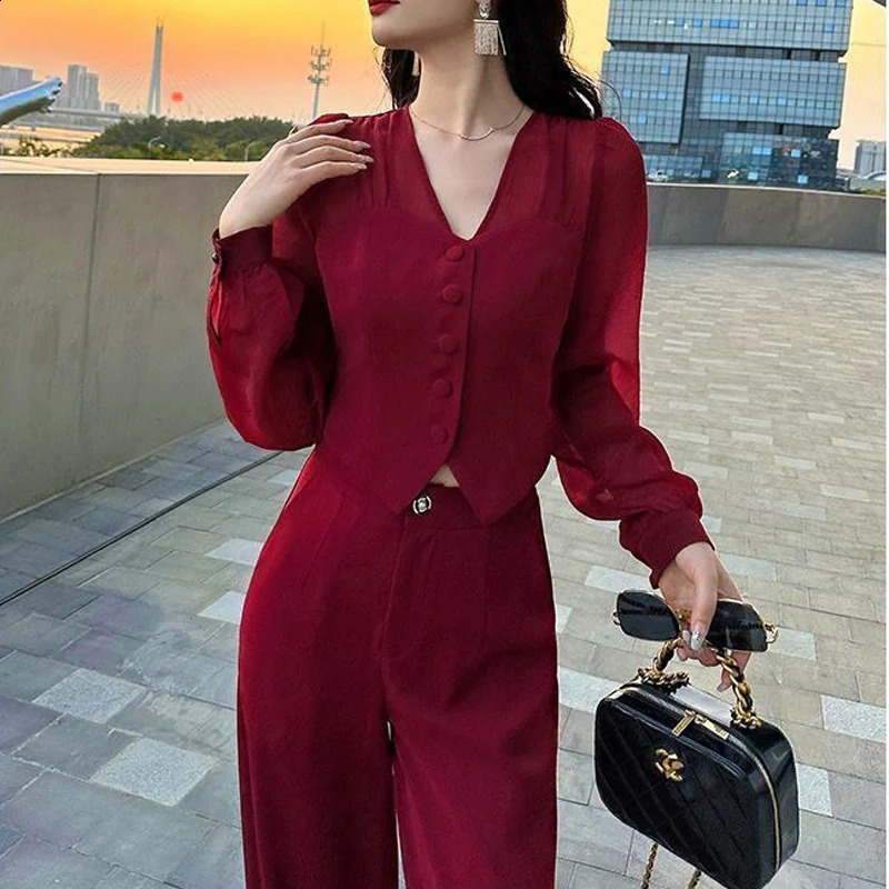 Summer Solid Color Suit Women V-neck Slim Long Sleeve Lace Patchwork Button Cardigan and Zipper High Waist Wide Leg Trousers 240819