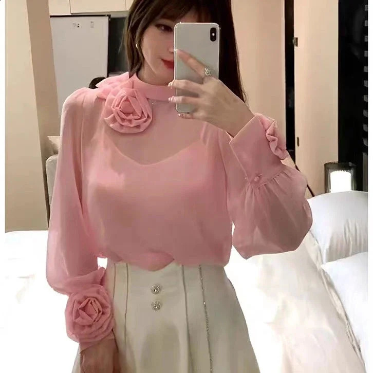 KUSAHIKI Fashion 3D floral top womens fashion Korean elegant bottom shirt autumn long sleeved Blusas Feminina 240819