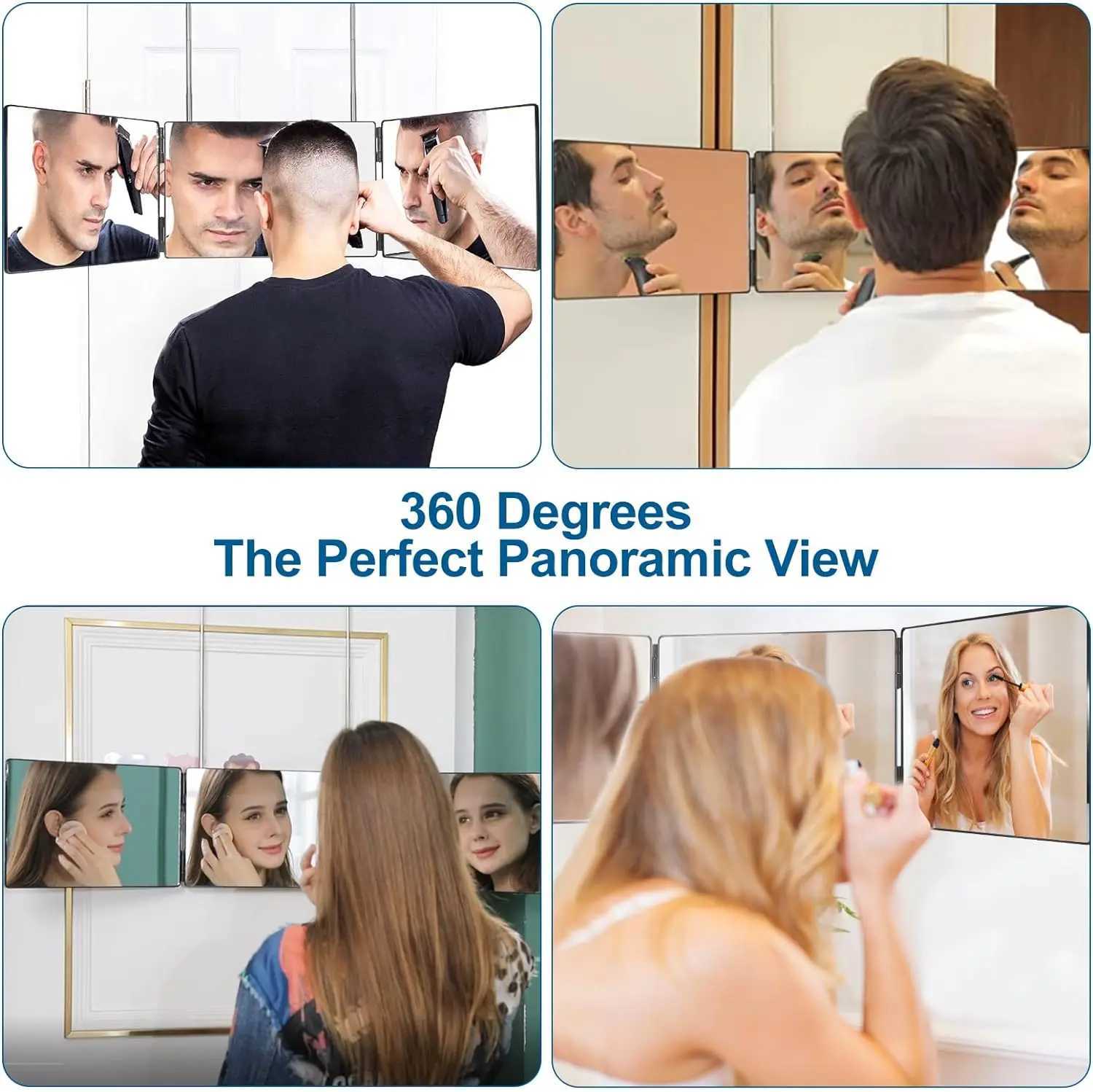 Black Portable 360 Trifold Mirror with Height Adjustable Telescoping Hooks Ideal for Self Hair Cutting Makeup Essential Fordable Y240819