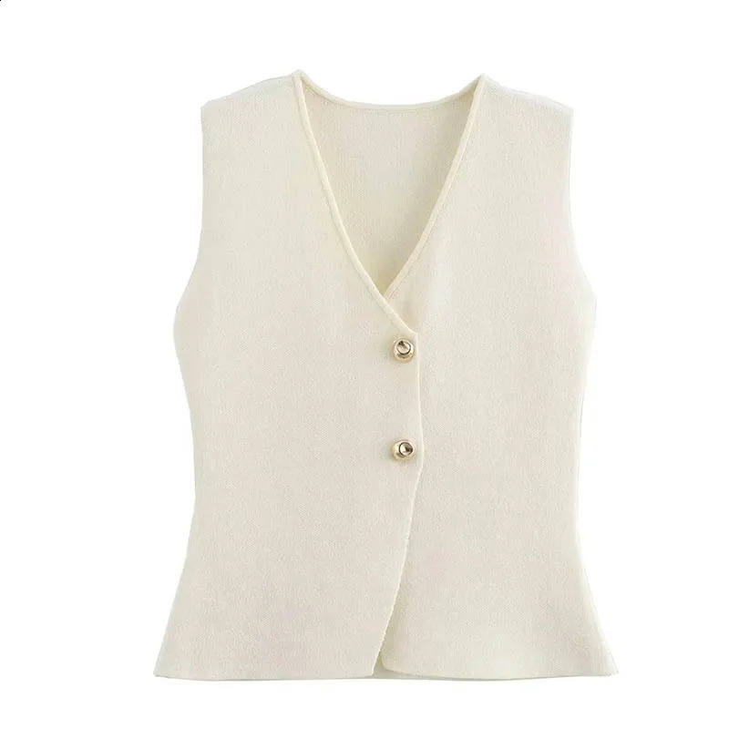 Yuyang Womens Beige Knitted Tank Top Button Vneck Sleeveless Sweater Fashion 240819