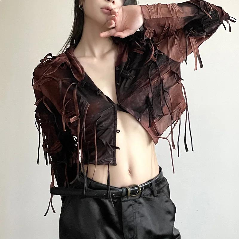 Yangelo Gothic dark patchwork work fringe fairy pleated hooded cardigan womens Y2K retro long sleeved ultrathin button crop top 240814