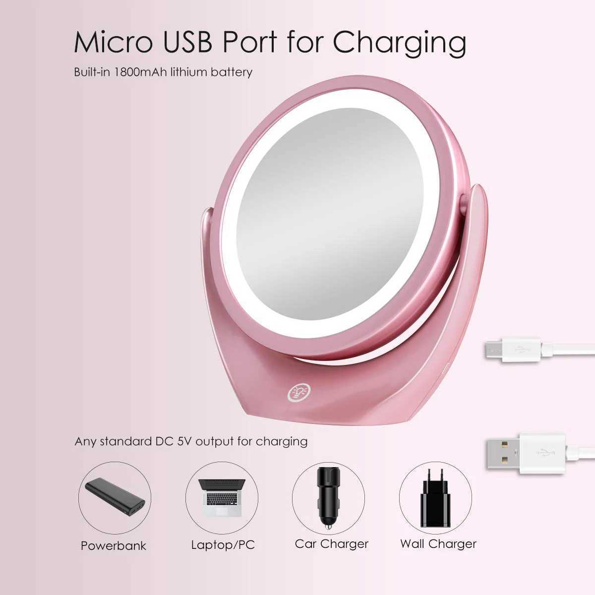 Lighted Makeup Mirror Rechargeable Double Sided Magnifying Mirror 1x/5x 360 Rotation Touch Screen Vanity Adjustable Cosmetic Y240819