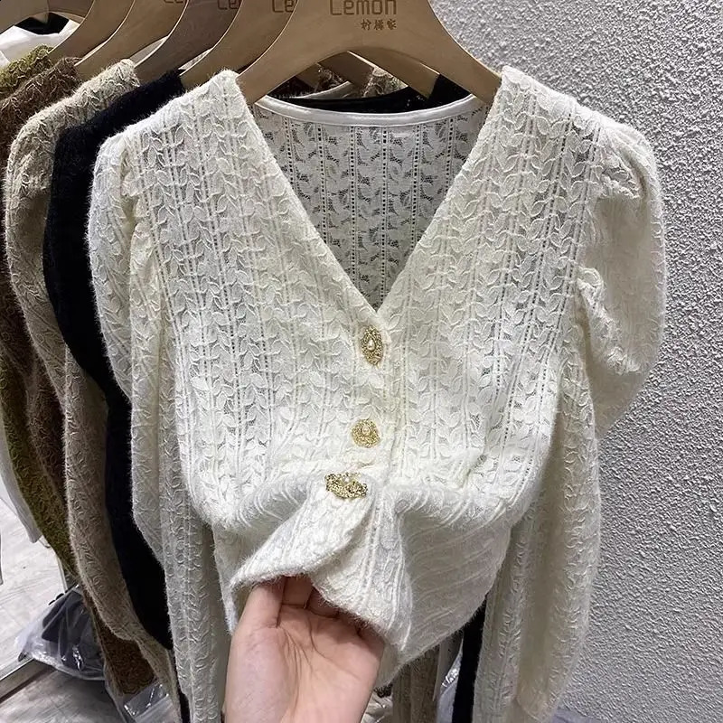 Womens Lace Knitted Autumn Winter Solid Color V-Neck Jacquard Weave Button Fashion Loose Long Sleeve Tops 240819