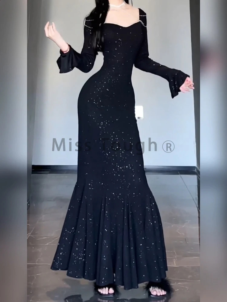 Bodycon Sexy Party Dresses Women Sequins Black Evening Elegant Long Dress Female Flare Sleeve France Vintage Dress Summer 240819