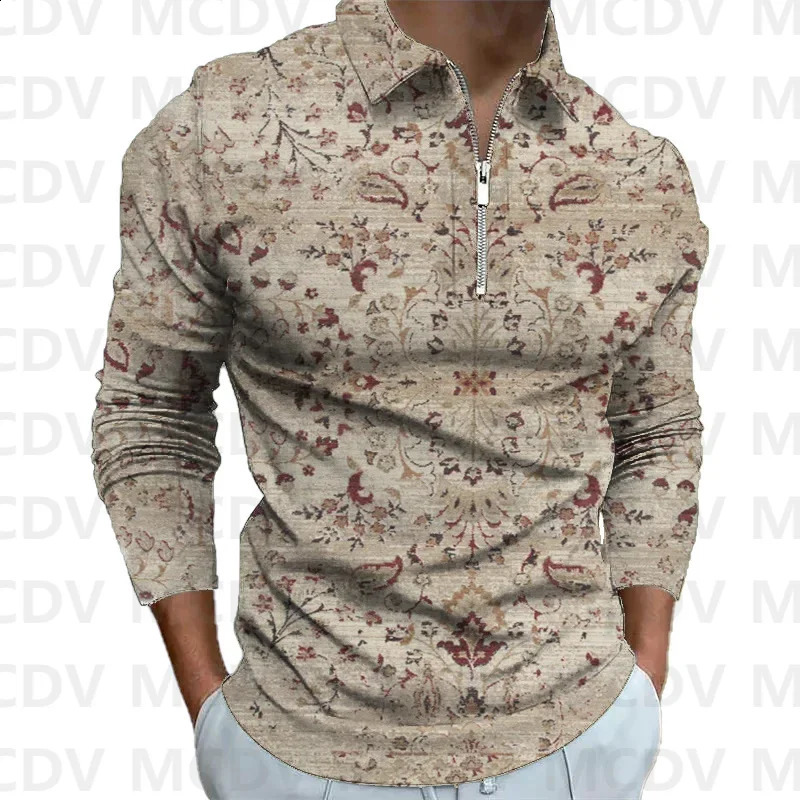 Mens Long Sleeve Zipper Polo Shirt Retro Pattern 3D Printed Polo Long Sleeve T Shirt Autumn Casual Tops 240820