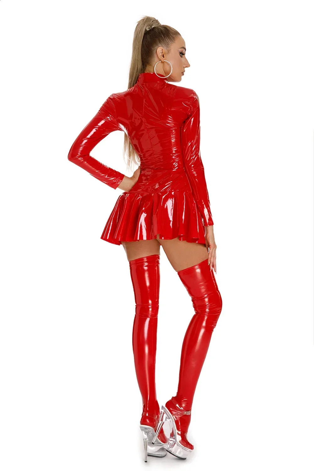 Latex Hollow Zipper Stand Up Collar A-Line Mini Pleated Skirt Latex Dresses Womens Wet PVC Leather Tight Bodycon Mini Dress 240819