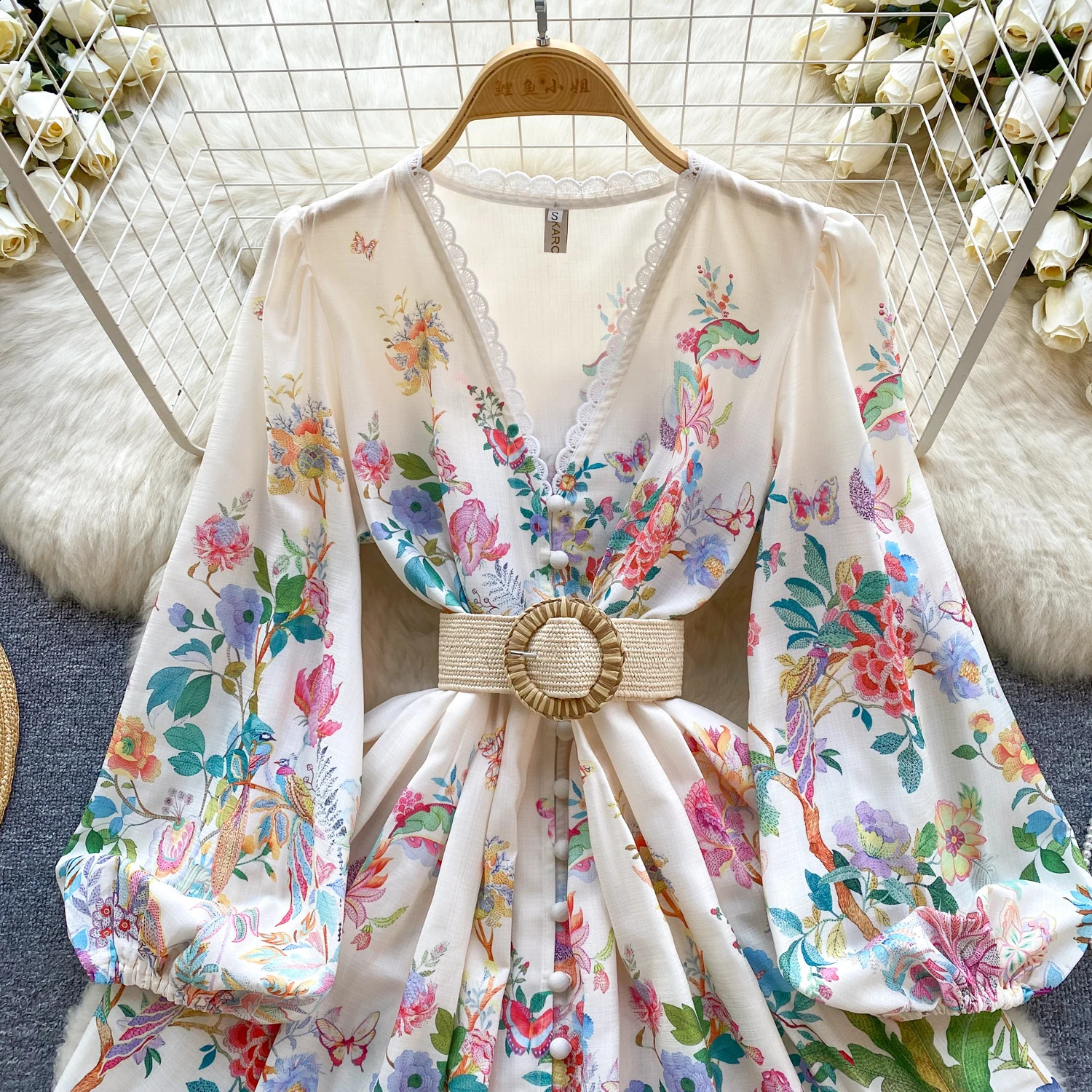 Spring Fashion Holiday Flower Painting Print Dress Women Long Lantern Sleeve V-Neck Lace Hem Buttons Belted Mini Dress 6257 240819