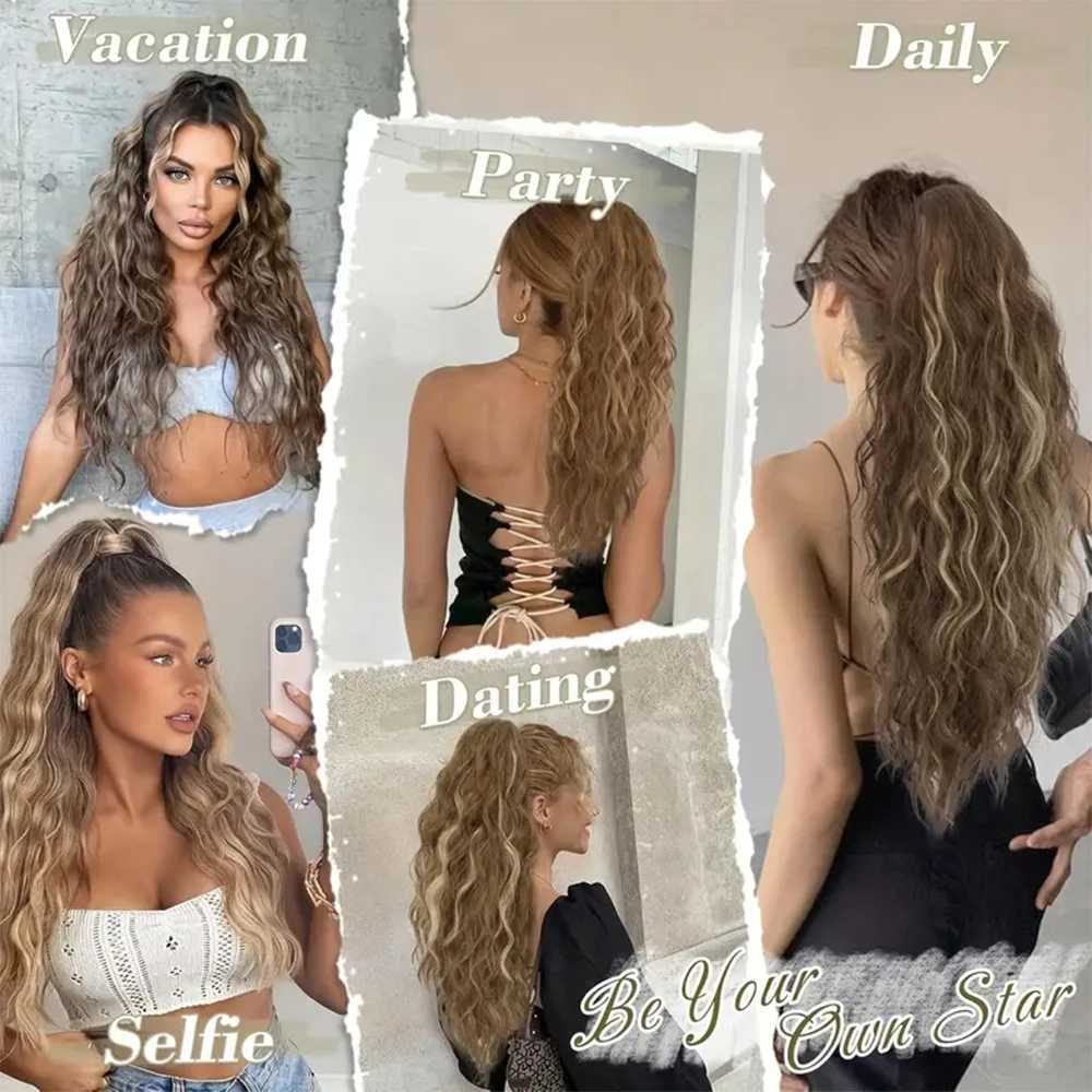 1 piece of 30 inch fluffy Ombre blonde curly water wave brushed ponytail hair extension synthetic clip style hairstyle W240817