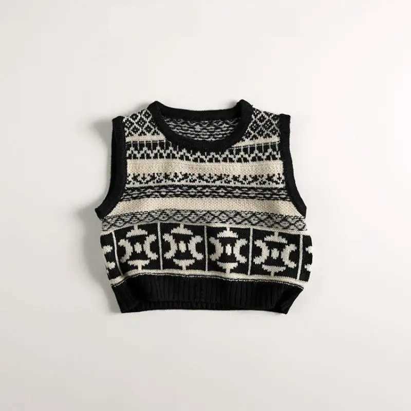 2024 Autumn New Children Sleeveless Knit Vest Fashion Print Boys Girls Casual Sweater Baby Knitted Windproof Vest Kids ClothesXJ240819