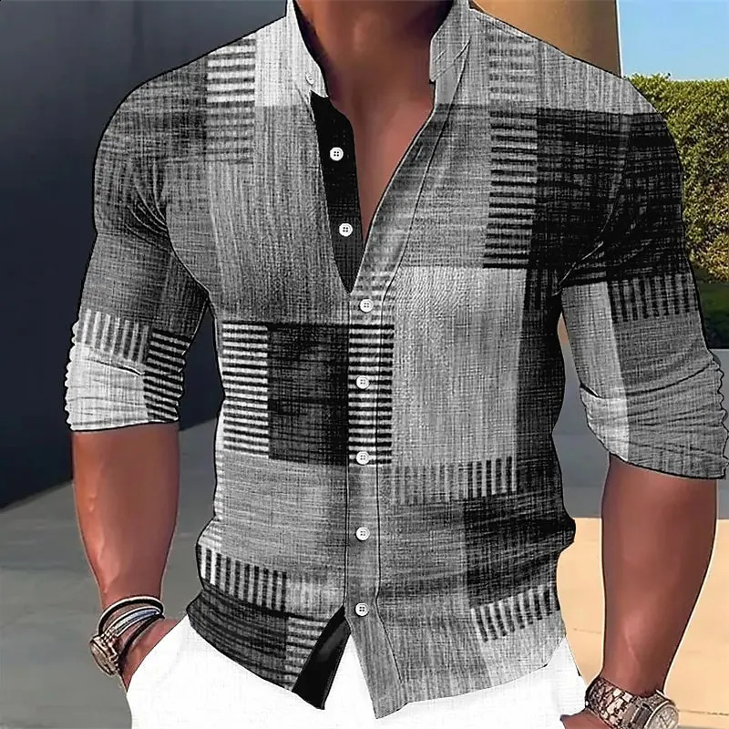 Mens shirt plaidcheck pattern geometric stand collar outdoor street long sleeve fashion streetwear casual 240815
