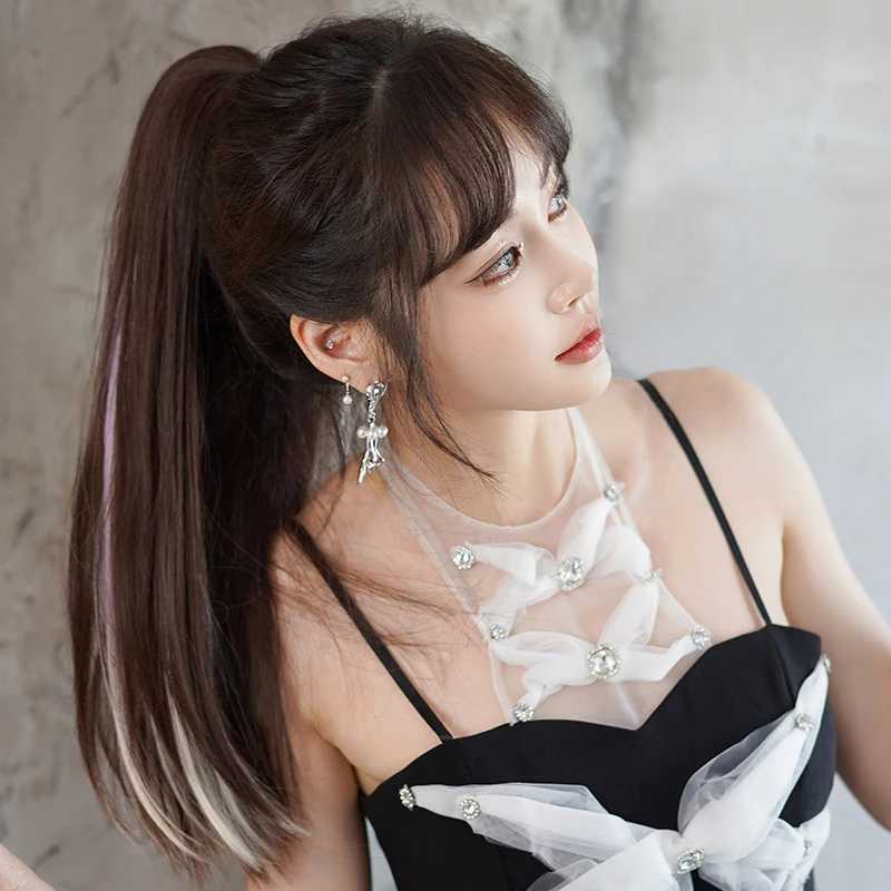 Long straight claw clip ponytail extension brown synthetic hair piece high gloss pink ponytail female hair extension W240817