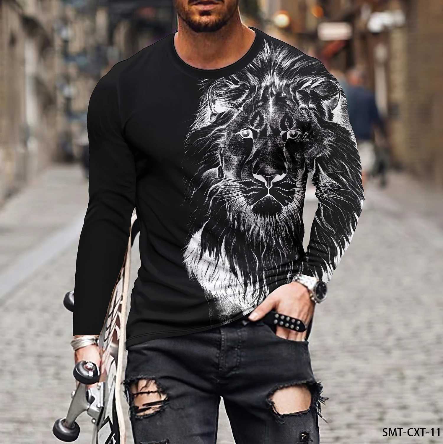 Funny 3D Lion Print Mens T Shirt Casual Cotton Long Sleeve T-shirts Fashion Loose O-neck Pullover Tops Autumn Tee Mens ClothesXJ240819