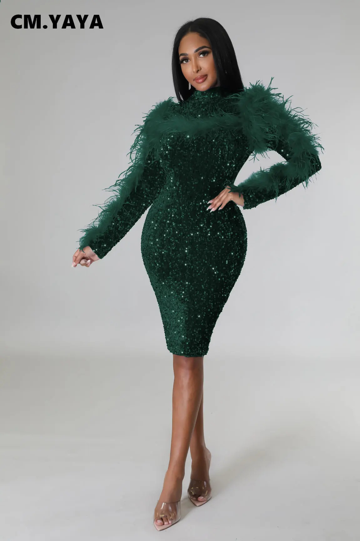 CM.YAYA Women Sequined Fur Splicing Long Sleeve Cutout Backless Bodycon Midi Dress Evening Sexy Party Club Prom Dresses 240819