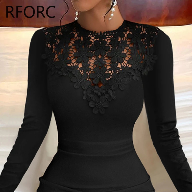 Women Hook Flower Hollow Solid Round Neck Long Sleeves Basic Mini Dress 240819