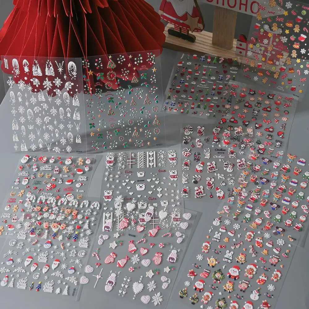 5D Embossed Gingerbread Man Nail Art Sticker Cute Christmas Winter Santa Claus Snowflake Elk Engraved Slider Manicure DecorationXJ240815