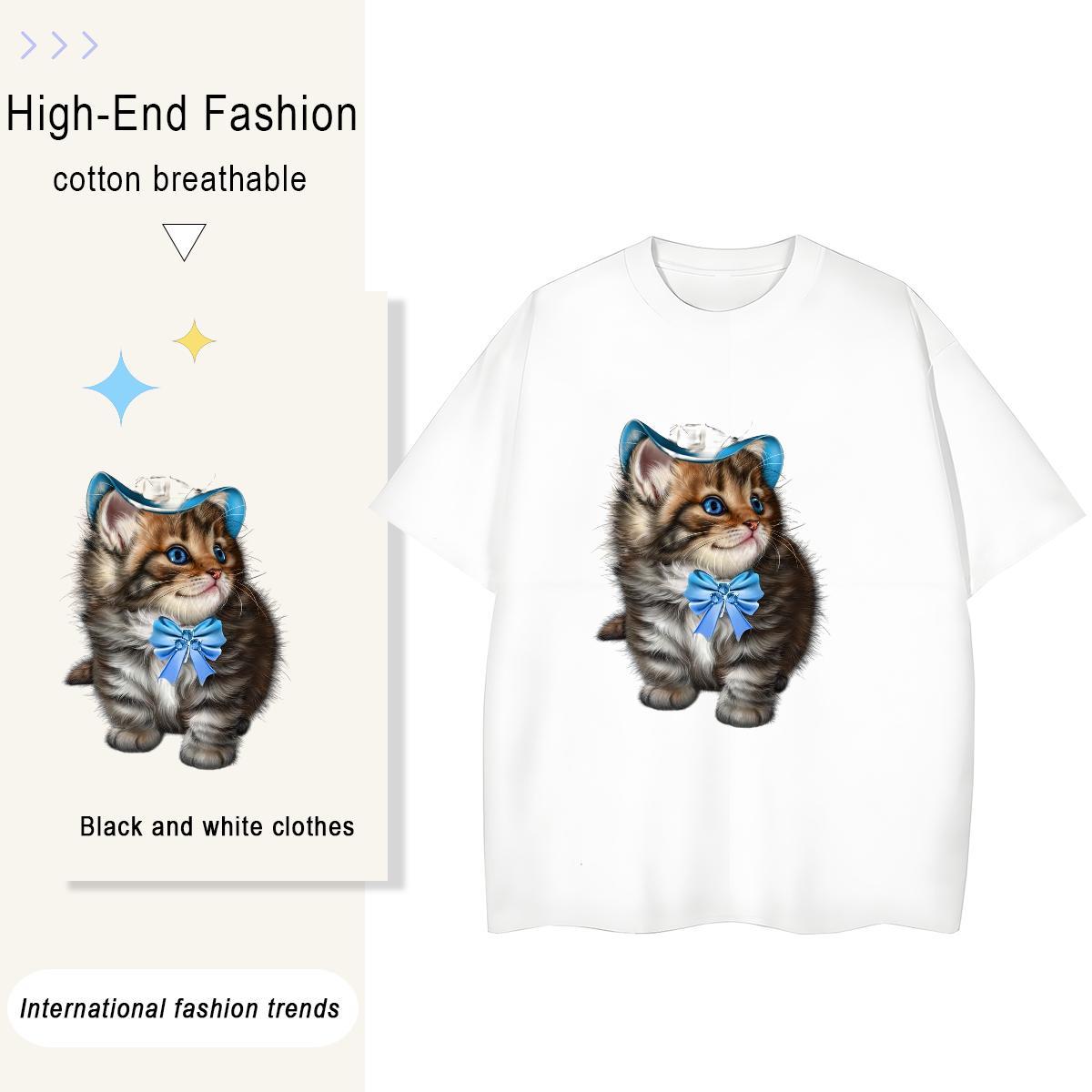 Fashion Men Tops Tees cat Sports Casual 230g Pure Cotton Clothings Crew Neck Loose Men T Shirts Custom Printing