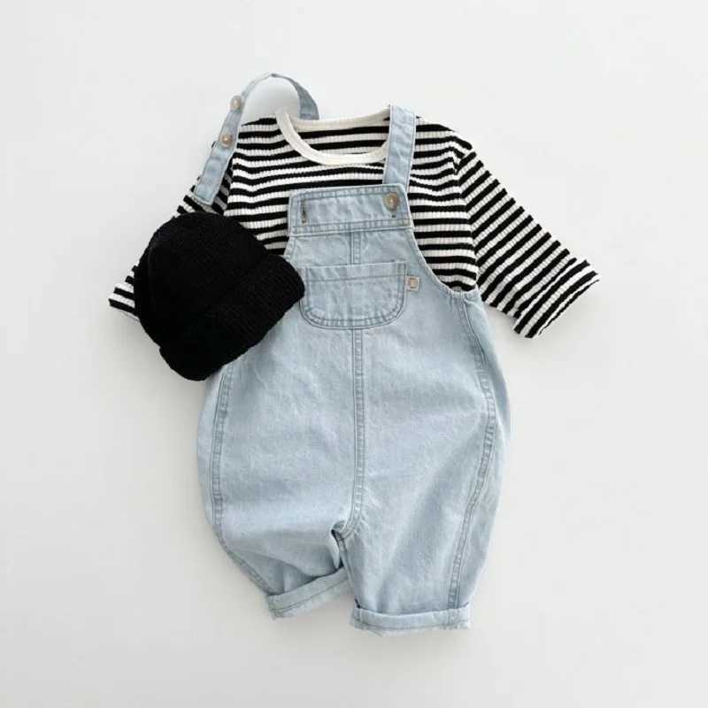 Childrens pants 0-6 years old ultra-thin mens suspension pants casual solid color breathable denim suspension girls jumpsuit W240806