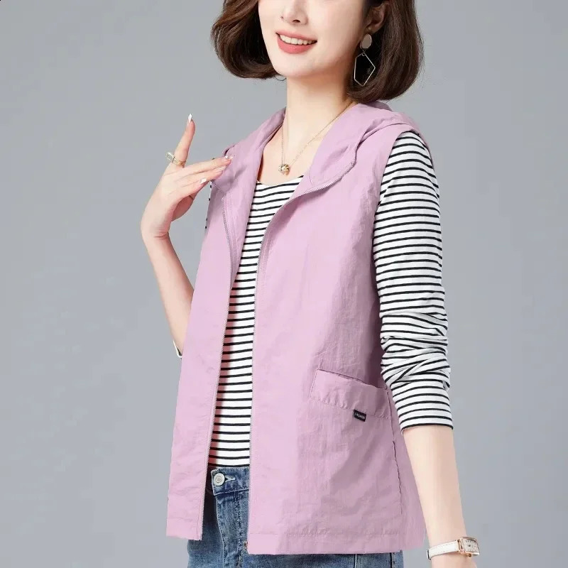 Oversized summer hooded white vest womens casual lining sleeveless jacket basic loose waistband lightweight spring Chalecos Z180 240819