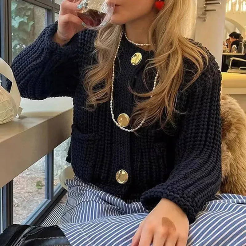 Spring Knitted Womens Casual Button Oneck Long sleeved Sweater Fashion Solid Loose Cardigan 240819