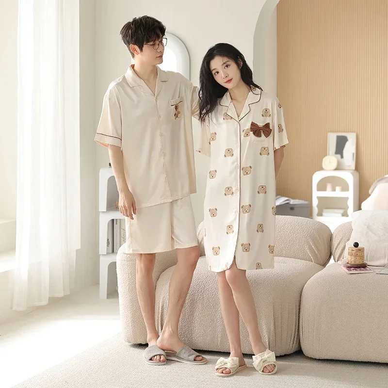 2017 Summer Couple Short sleeved Silk Satin Pajama Set Korean Cute Cartoon Pajama Womens Evening DressW240719