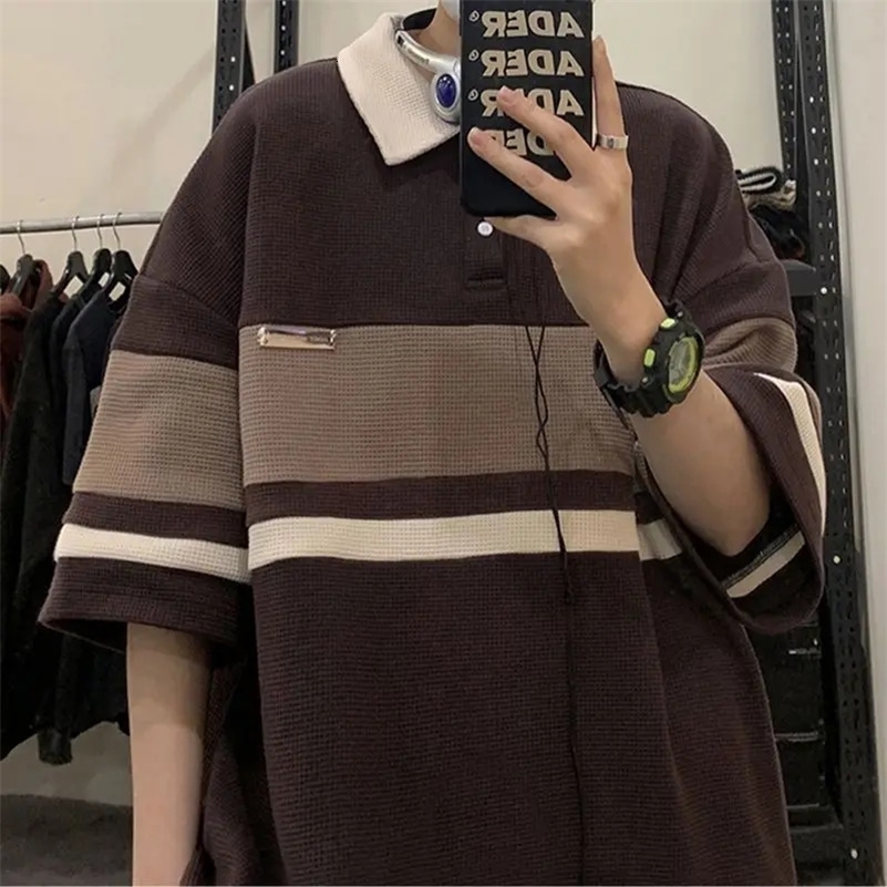 Trendy retro waffle polo shirt short sleeved t-shirts men and women summer loose American lovers casual personality top harajuku i240819