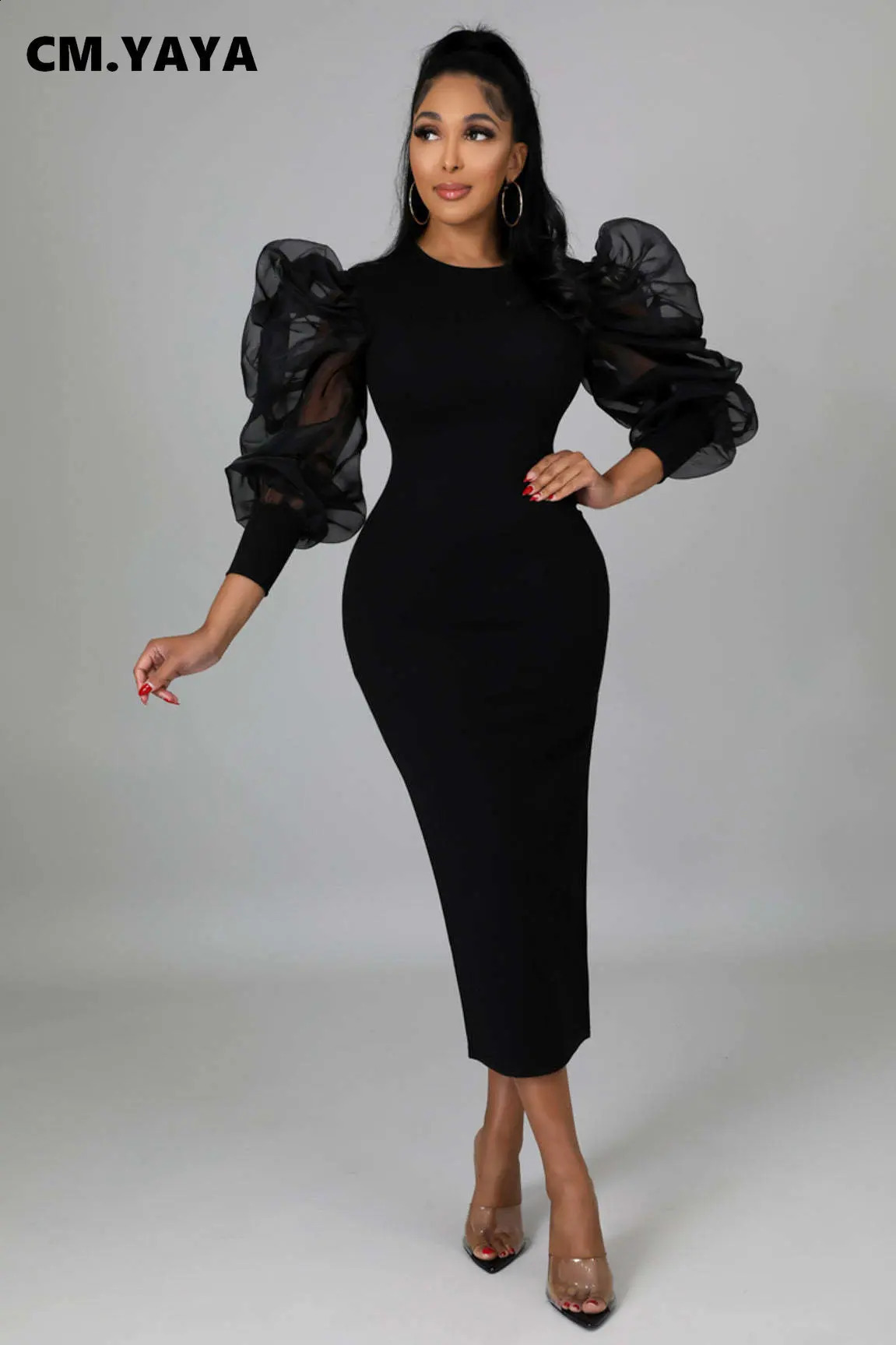 CM.YAYA Women Mesh Puff Long Sleeve O-neck Bodycon Midi Maxi Long Dress Vestidos Vintage Club Evening Sexy Party Dresses 240819