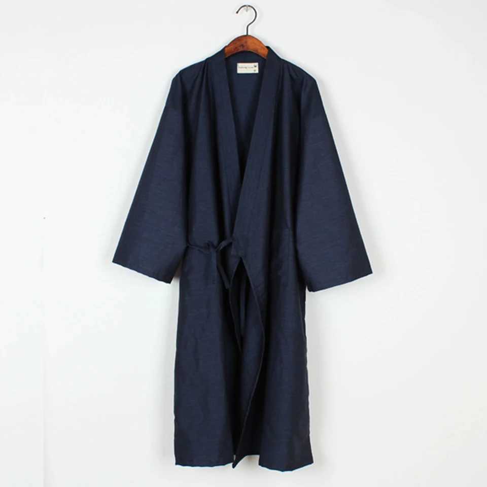 Mens casual solid color Japanese Yukata kimono pajamas long bath robe pajamas lace cotton pajamas loose clothingW240719