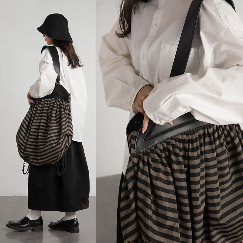 3 Women Tote High-Capacity Vintage Nylon Bucket Casual Striped Zipper Soft Shoulder Handbag Backpack Shopping Bag 240819 4