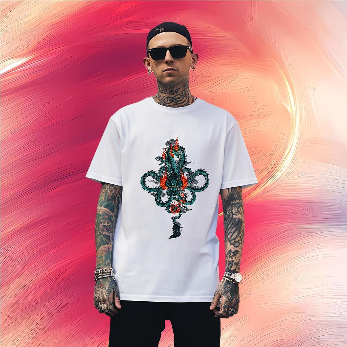 T Shirt For Man 100% Cotton 230g dragon High Street Hip Hop Short Sleeve O-Neck Anime Print Tshirt for Man Woman Fashion Popular Tops